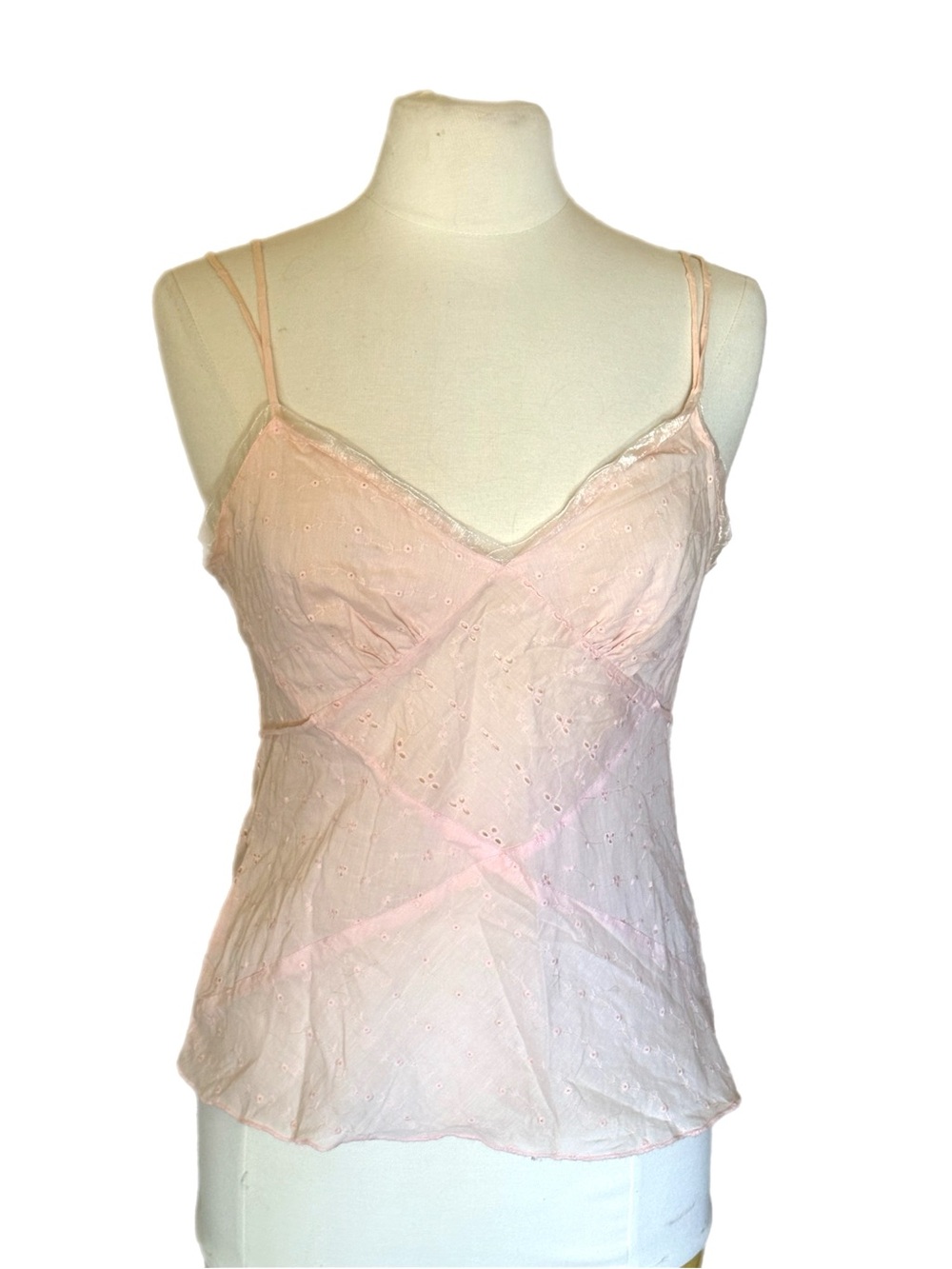 Y2k Fairy Babydoll Cami Top Baby‎ Pink Boho Tie Back Eyelet Lace Sz L